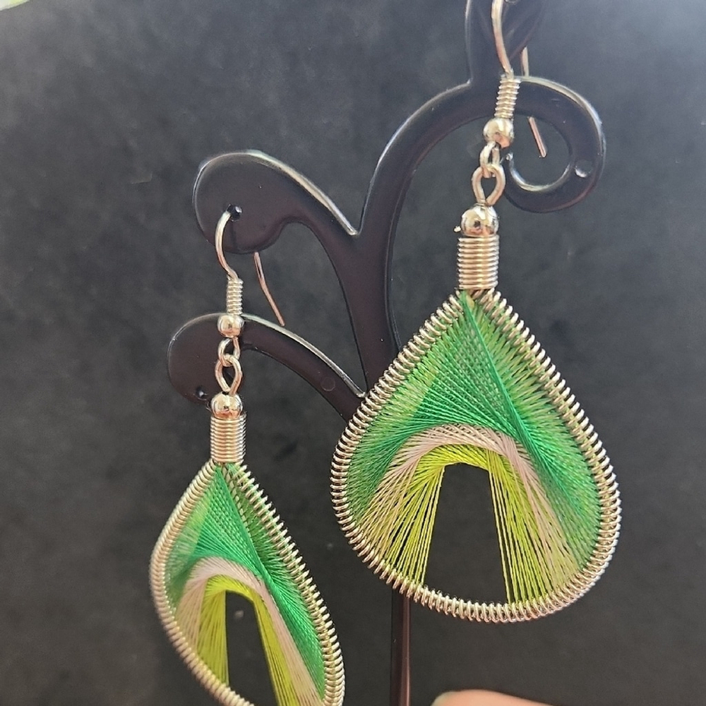 Modern Green and Silver Teardrop Earrings - Picture 2 of 4